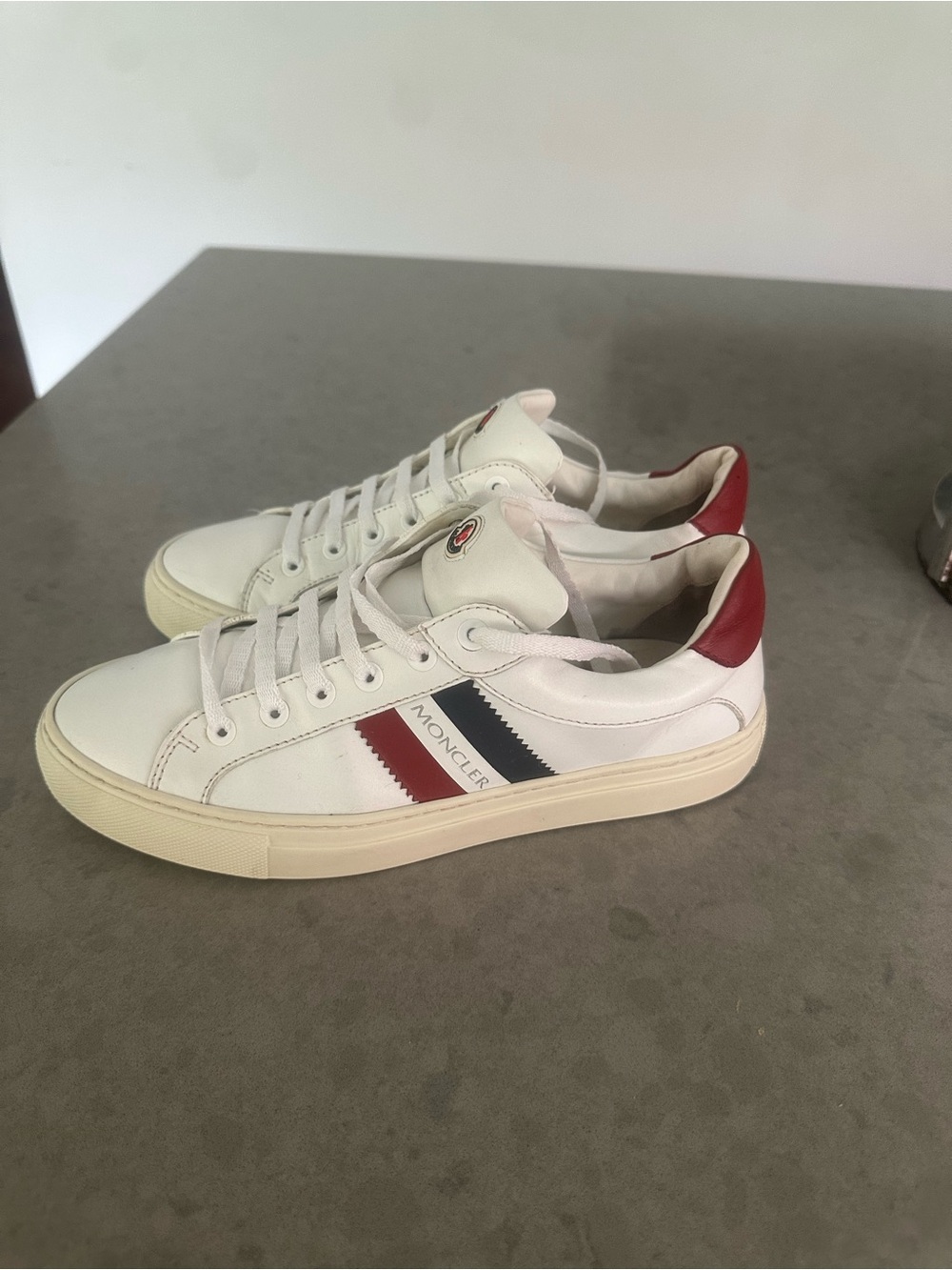 Moncler White Leather Sneakers with Red & Navy Stripes